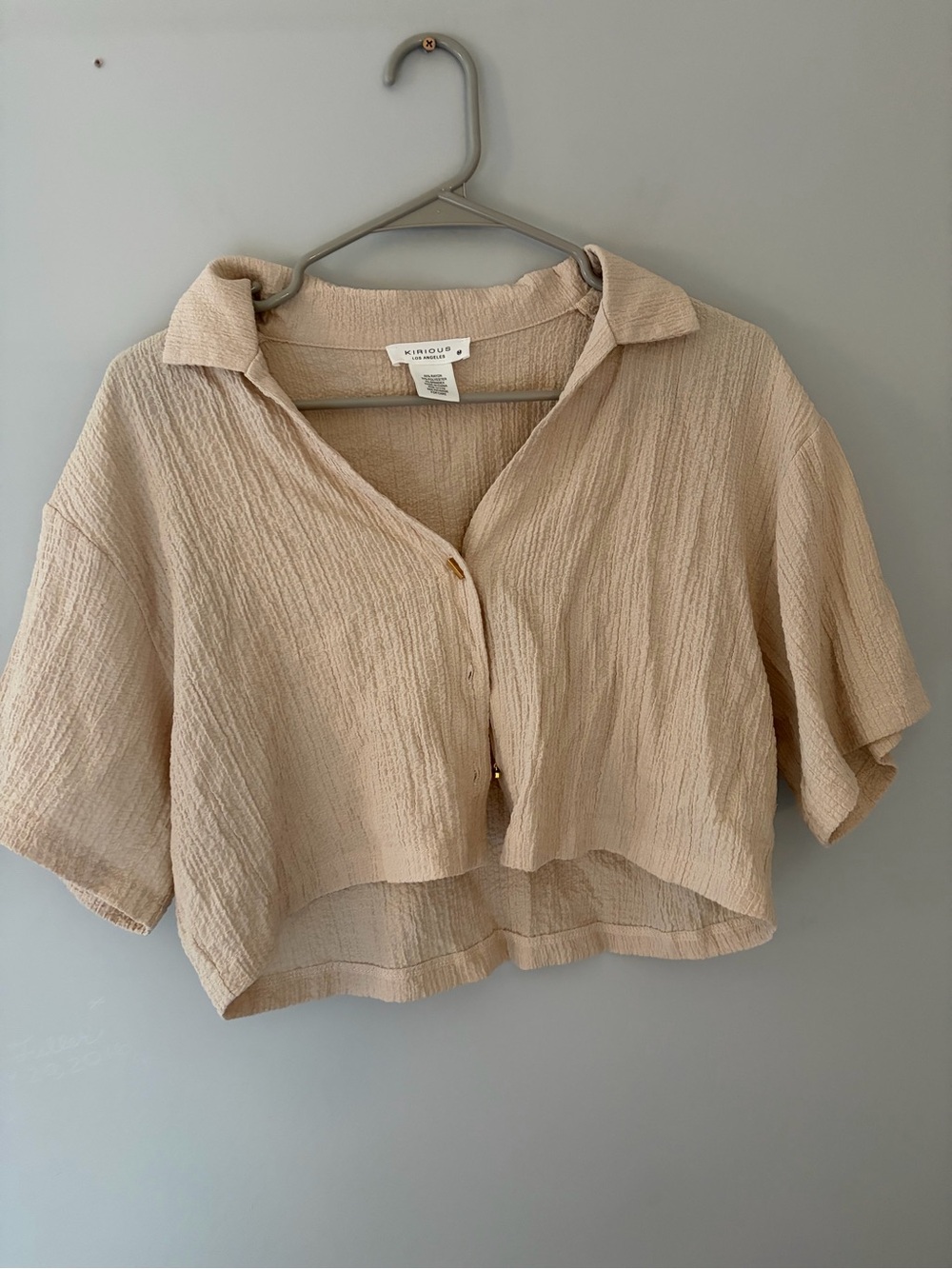 KIRIOUS Beige Textured Crop Button-Down Top